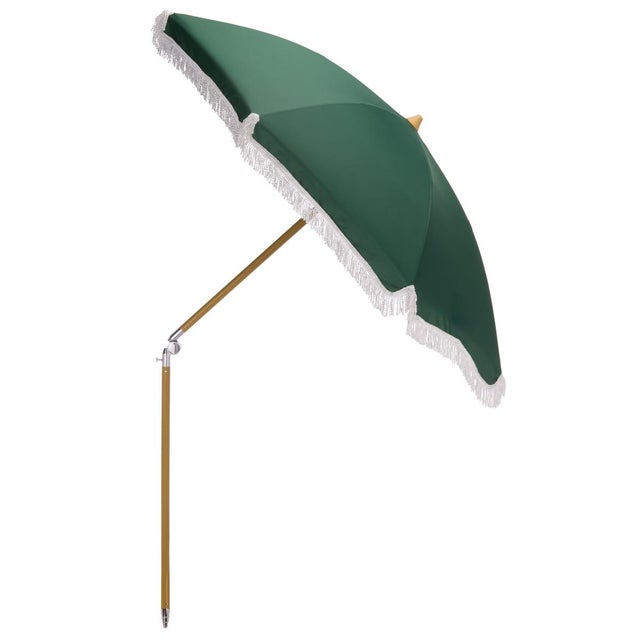 Metal Valencia 6.5 Ft Beach Fringed Umbrella, Green For Sale - Image 7 of 8