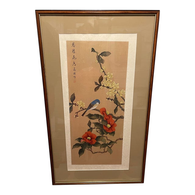 Chinoiserie Original Painting Bird With Flowers Signed For Sale