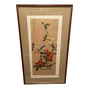 Chinoiserie Original Painting Bird With Flowers Signed
