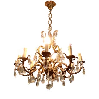 Large French Brass Chandelier with Crystal Lustres, 1930 For Sale