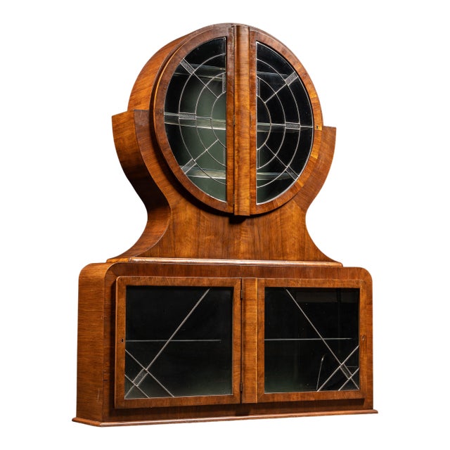 1930s Circular Art Deco Liquor Cabinet With Leaded Glass Doors For Sale