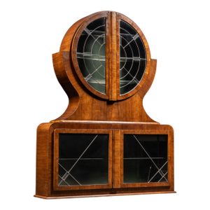 1930s Circular Art Deco Liquor Cabinet With Leaded Glass Doors