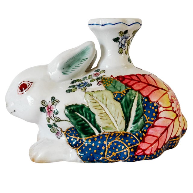 Vintage Hand-Painted Chinoiserie Tobacco Leaf Porcelain Rabbit Candlestick For Sale - Image 10 of 10