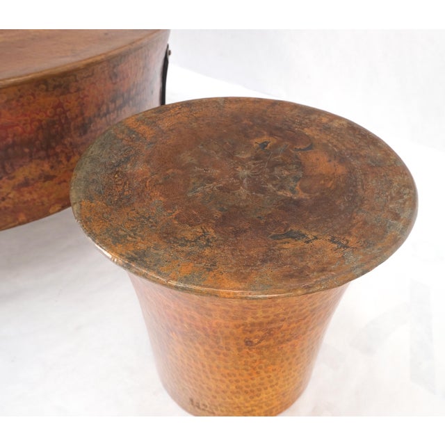 Vintage Hummered Forged Copper & Iron Round Coffee Table & Pair of Stools Seats For Sale - Image 10 of 12