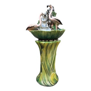 Vintage Art Nouveau Italian Ceramic Flamingo Fountain Stand in Majolica, 1960s For Sale