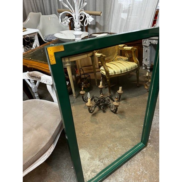 Vintage Mid-Century 1960s English green with brass accent corners Campaign style wall mirror.