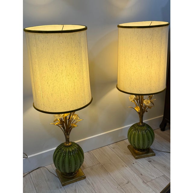 Green Mid 20th Century Italian Murano Green & Gold Glass Floral Table Lamps - A Pair For Sale - Image 8 of 10