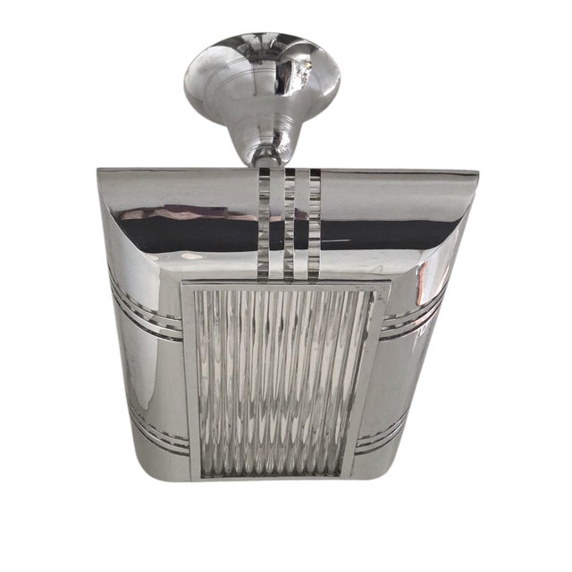Mid 20th Century French Modernist Art Deco Billiard Chandelier Highly Polished Nickel & GlassRods For Sale - Image 9 of 18