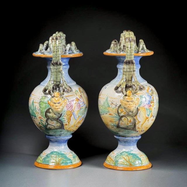 Vintage Italian Hand-Painted Majolica Mythological Vases, 1800s, Set of 2 For Sale - Image 3 of 18