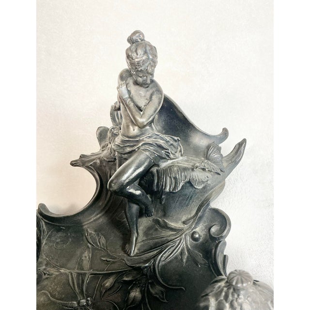 Gray Antique Art Nouveau Pewter Double Inkwell Naked Woman Dragonfly, C. 1880s-1900s For Sale - Image 8 of 12