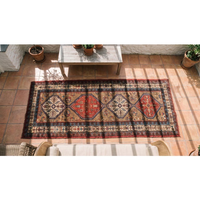 Textile 1930s Tan Camel Medallion Antique Persian Serab Rug 3'5" X 13'10" Knotted Pile Wool Carpet For Sale - Image 7 of 9