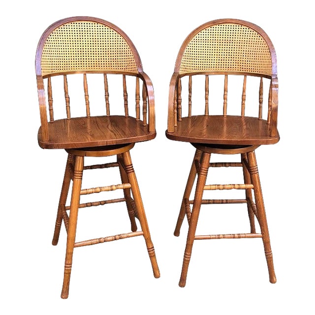Mid-Century Swiveling Cane-Back Bar Stools | Chairish