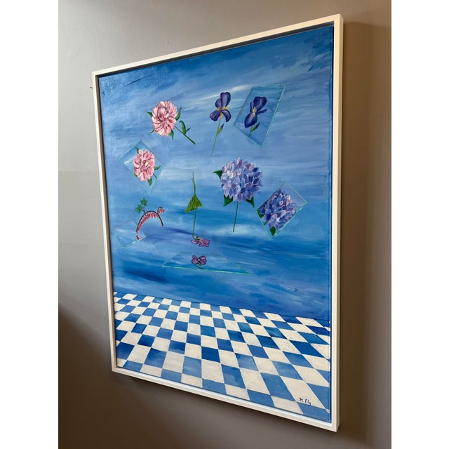 Original oil painting from pop surrealist artist Megan Emily Ely. Oil on canvas, 2021. Framed in a wooden floating frame...