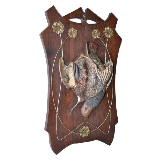 Two Antique Black Forest Terracotta Pheasant Birds Wall Plaque Fine Art Oak Wood For Sale - Image 4 of 13