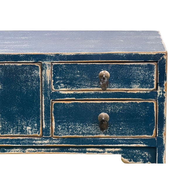 53" Distressed Dark Ink-Blue Drawers Narrow Console Credenza Table For Sale - Image 10 of 14
