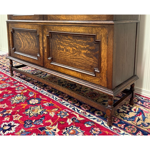 Antique English Jacobean Bookcase Cabinet Double Door Wavy Glass Tiger Oak 1930s For Sale - Image 12 of 18