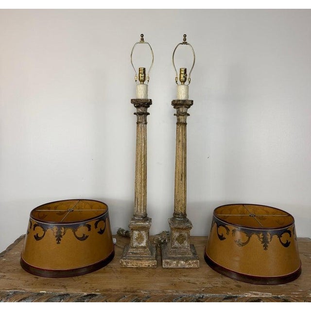 Neoclassical Mid 20th Century Italian Neoclassical Corinthian Column Table Lamps Distressed Giltwood - a Pair For Sale - Image 3 of 15