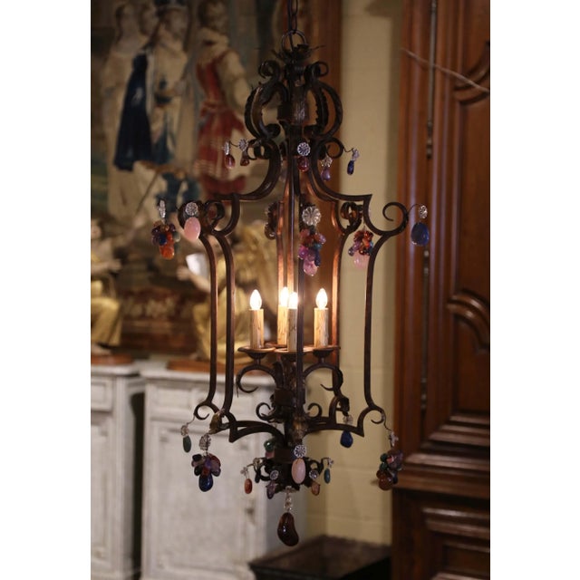 Late 20th Century Mid-Century French Louis XV Style Iron and Crystal Four-Light Lantern For Sale - Image 5 of 9