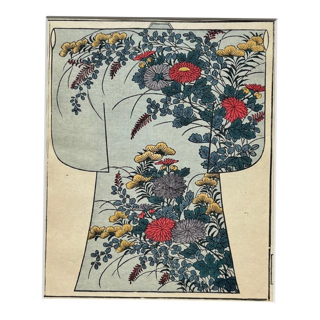 Antique 1886 Japanese Kimono Design Woodblock Print "Autumn Flowers" With Mat For Sale