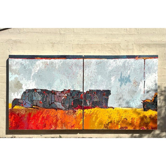 This Vintage Boho Monumental Horse Diptych is a striking piece of art that captures the beauty and spirit of horses in a...