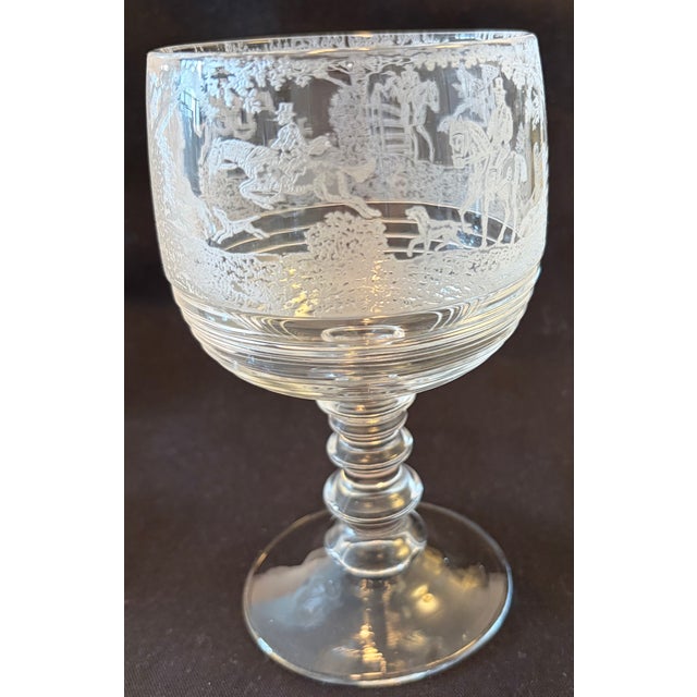 1930s 1930s Cambridge Imperial Fox Hunt Scene Glass Goblets Tally Ho Hay Day - Set of 9 For Sale - Image 5 of 15