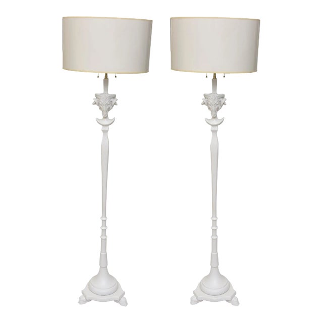 Vintage Sirmos Wood Rams Head Floor Lamps With Brass Hardware, Restored, 1975 For Sale