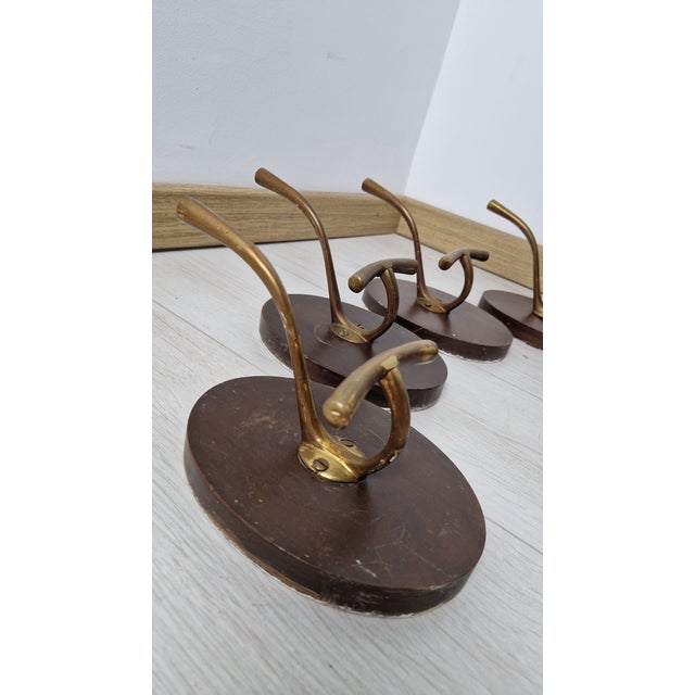 Wood Brass Coat Hangers on an Oval Wooden Base by Luigi Caccia Dominioni for Azucena, 1950s, Set of 4 For Sale - Image 7 of 9