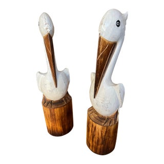 Pair of 1970s Wooden Painted Pelican Sculptures For Sale