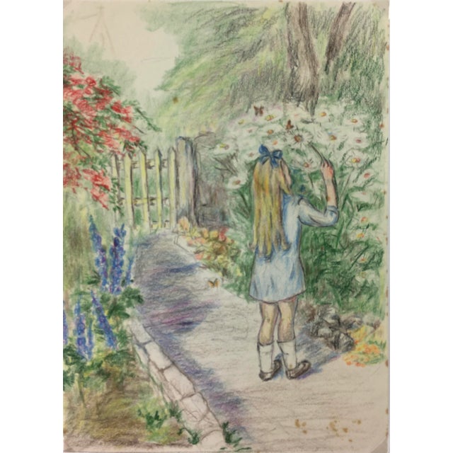 1960s "Exploring the Garden" 1960s Impressionist Style Figurative Pencil Drawing For Sale