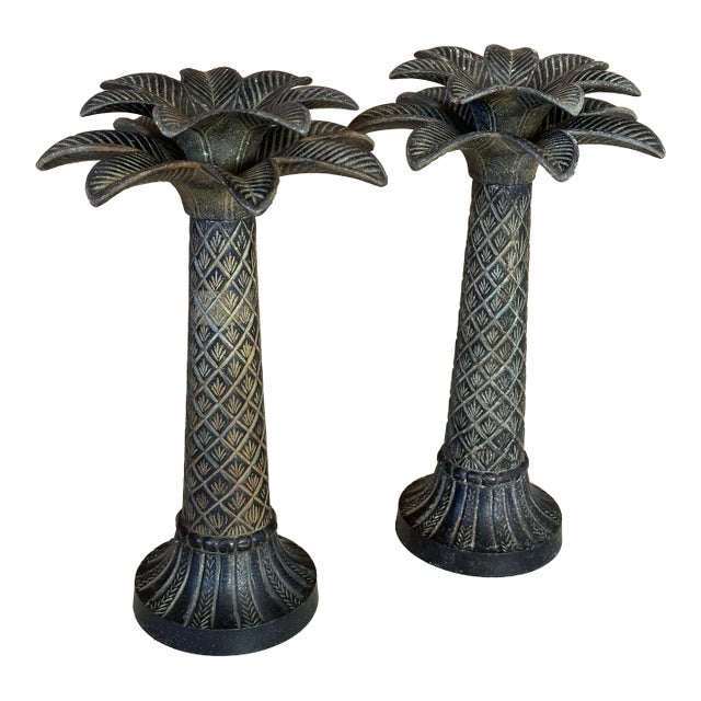 Coastal Metal Palm Tree Candle Holders-Pair For Sale