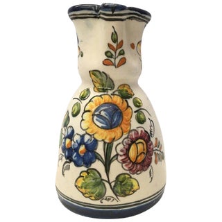 19th Century French Glazed Terracotta Pitcher Handmade & Hand-Painted For Sale