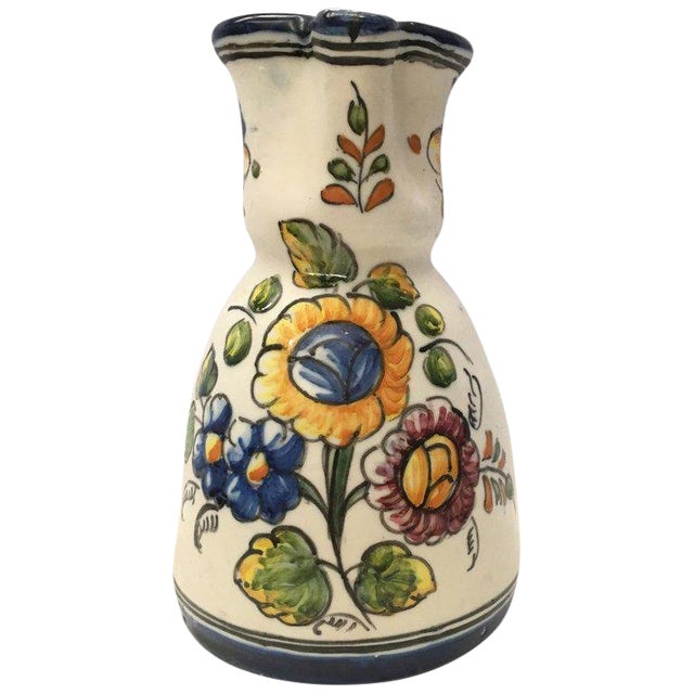 19th Century French Glazed Terracotta Pitcher Handmade & Hand-Painted For Sale