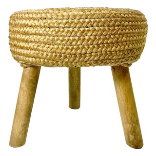 Mid-Century Boho Chic Coastal Hollywood Regency Woven Jute 3-Leg Low Stool For Sale