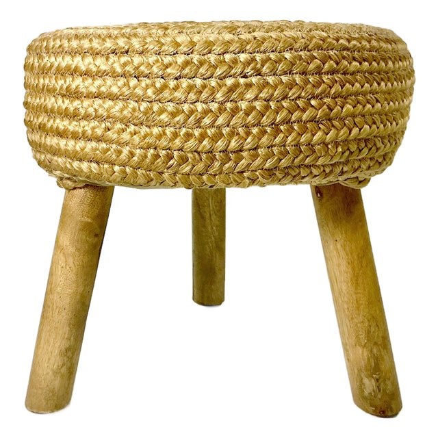 Mid-Century Boho Chic Coastal Hollywood Regency Woven Jute 3-Leg Low Stool. For Sale