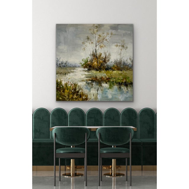 This original 48" x 48" acrylic painting captures a tranquil riverbank scene framed by slender birch-like trees set...