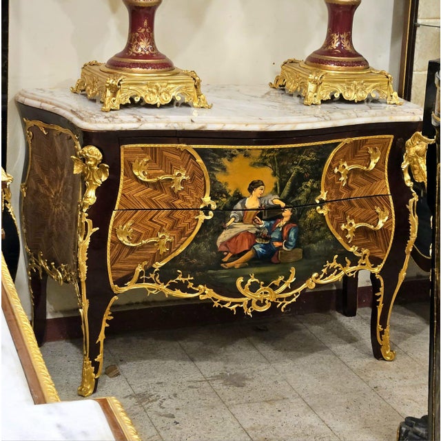 French Hand-Painted Louis XV Style Marble Top Commode Chest With Gold Leaf & Bronze Mounts For Sale - Image 3 of 4