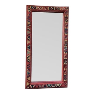 Handcrafted Antique Kilim Rug Wall Mirror/ Bohemian Geometric , Woven , Rustic For Sale