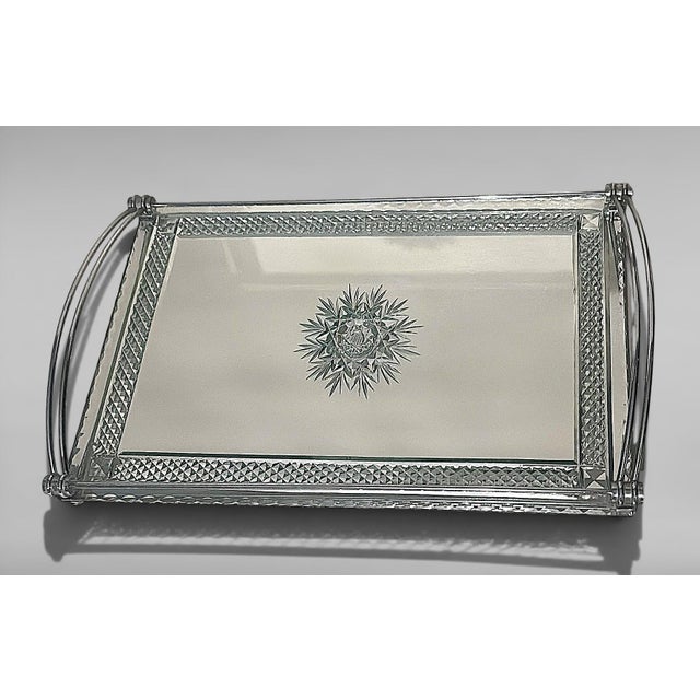 Mid 20th Century Art Deco French Nickel-Plated Metal Tray With Cut and Etched Mirror Surface For Sale - Image 5 of 18