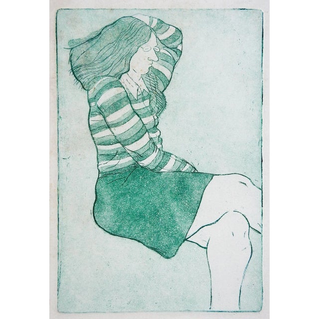 Mid-Century Modern Mid Century Woman in Green Skirt Etching For Sale - Image 3 of 3