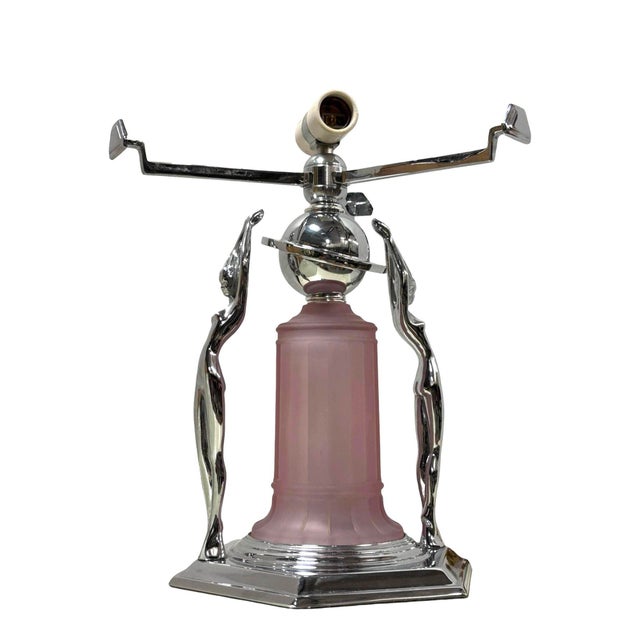 Frankart 1980s Frankart Era Art Deco Style Chrome Figural Lamp With Vivian Glass Shade For Sale - Image 4 of 12