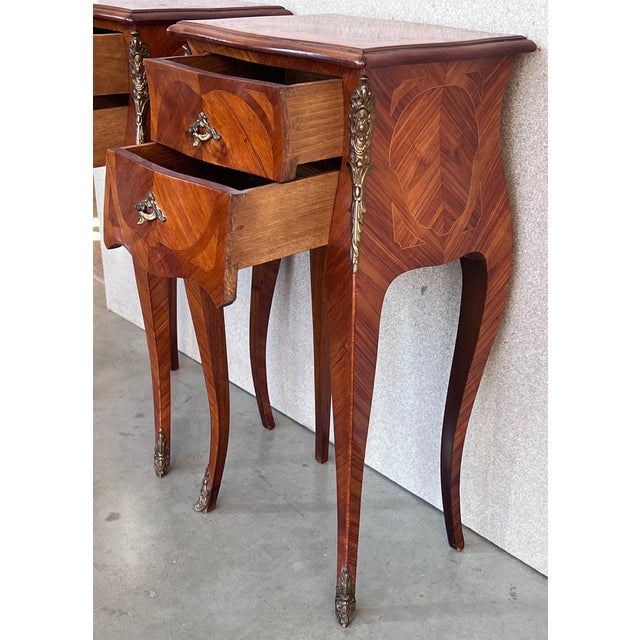 Brown Antique Louis XV French Marquetry With Drawers Nightstands, Set of 2 For Sale - Image 8 of 12