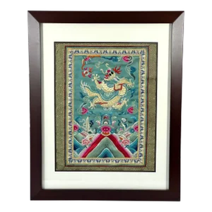 The Cloud Dragon & Flaming Pearl Blue Silk Embroidered Picture, Framed Wall Panel Hanging