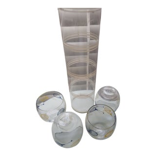 1970s Barware Roly Poly Glasses Blue Yellow Rackets - 5 pcs For Sale