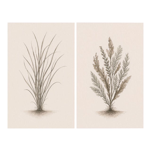Curated Coastal Botanical Pair, Minimalist Sea Grass & Botanical Studies, 24" × 36" Each For Sale