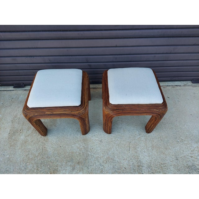 Wood 1970s Pair of Mid Century Modern Pencil Reed Rattan Stools For Sale - Image 7 of 12