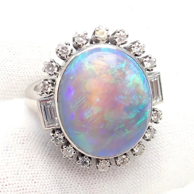 Antique Vintage Estate Palladium Diamond Opal Ring, Size 6.5 For Sale In Philadelphia - Image 6 of 11