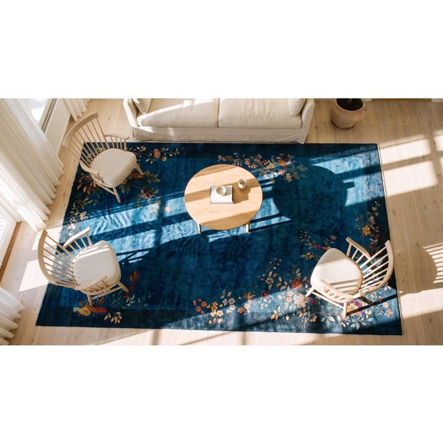 1930s Royal Blue Floral Modern Antique Chinese Art Deco Rug 13'8" X 24' Handknotted Wool Carpet For Sale - Image 11 of 11