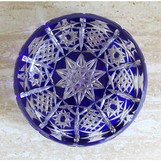 Glass Vintage Cobalt Blue Cut-to-Clear Crystal Ashtray – Geometric Starburst Design – 8" For Sale - Image 7 of 16