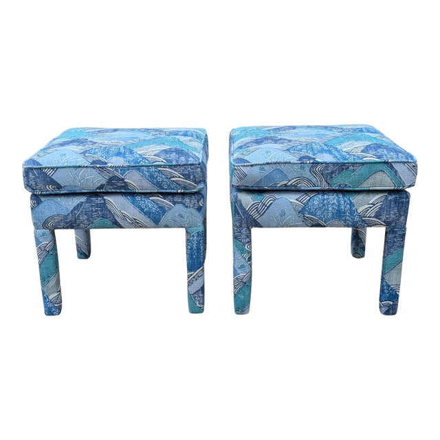 Lee Jofa Kelly Wearstler Edo Linen in Teal Parsons Ottomans - a Pair For Sale