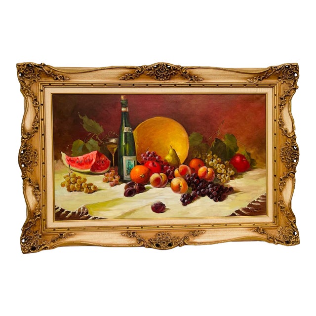 Vintage Fruit and Wine Still Life Oil Painting Signed and Framed For Sale